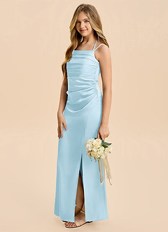 Azazie Nova Junior Sky Blue Sheath Pleated Stretch Satin Dress image4