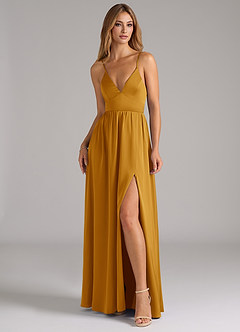 Azazie Aaida Robes de demoiselle d'honneur Robe Trapèze en Satin extensible Corset Caramel écossais image4