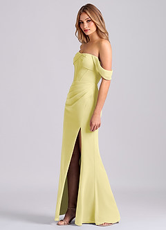 Azazie Joanne Bridesmaid Dresses Lemon Sorbet Mermaid Off the Shoulder Chiffon Dress image3