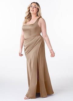 Azazie Mero Vestidos de damas de honor Vestido de Gris Pardo de Satén Elástico de Corte Recto con Plisado image8
