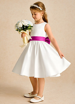 Azazie Sosie Flower Girl Dresses Ivory Fuchsia A-Line Pleated Matte Satin Dress image3