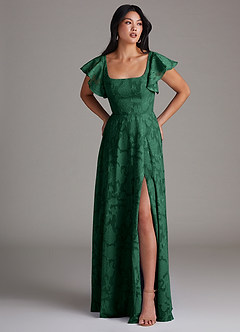 Azazie Bondi Bridesmaid Dresses Dark Green A-Line Side Slit Floral Burnout Dress image4