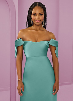 Barbie ♥ Azazie Bridesmaid Dresses Aqua Sheath Off the Shoulder Stretch Satin Convertible Dress image5