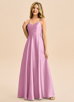 Azazie Rumi Junior Candy Pink A-Line Pleated Stretch Satin Dress image3