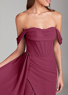 Azazie Amyra Bridesmaid Dresses Mulberry Sheath Off the Shoulder Chiffon Convertible Dress image6