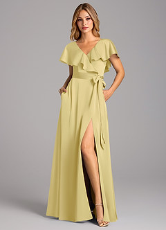Azazie Lainey Bridesmaid Dresses Lemon Sorbet A-Line with Pockets Stretch Satin Dress image4
