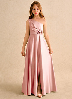 Azazie Puddles Girls Formal Flower Girl Dresses Rosette A-Line One Shoulder Matte Satin Dress image4