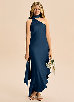 Azazie Briony Junior Vestido Azul Marinho de Cetim elástico de Bainha com Plissado image5