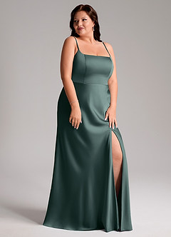 Azazie Lidia Bridesmaid Dresses Sea Moss Mermaid Side Slit Stretch Satin Dress image5