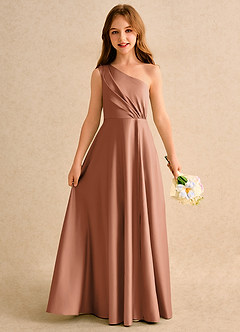 Azazie Puddles Girls Formal Flower Girl Dresses Bronzer A-Line One Shoulder Matte Satin Dress image1