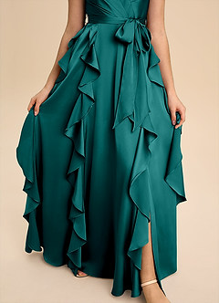 Azazie Peyton Junior A라인 주름진 스트레치 새틴 플로어 길이 주니어 신부 들러리 드레스 image6