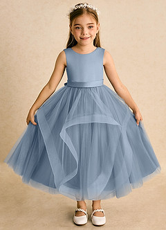 Azazie Vana Flower Girl Dresses Dusty Blue Ball-Gown Bow Tulle Dress image6