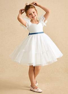 Azazie Debbie vestidos de niña de las flores Vestido de Marfil Azul Acero de Organza de Princesa con Escote de Corazón image2
