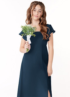 Azazie Bondi Junior A라인 보우 쉬폰 플로어 기장 주니어 브라이즈메이드 드레스 image4