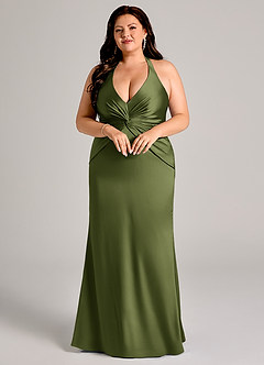 Azazie Valerie Bridesmaid Dresses Olive Mermaid Pleated Stretch Satin Dress image9