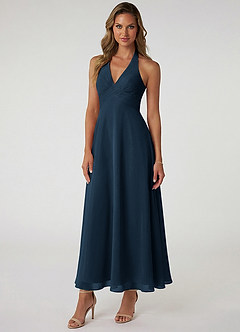 Azazie Tessie Robes de demoiselle d'honneur Robe Trapèze en Mousseline de soie Plissé Bleu Marine Foncé image1
