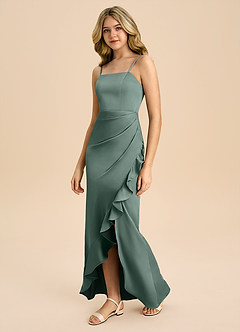 Azazie Buzzy Junior Sea Moss Sheath Pleated Stretch Satin Dress image7