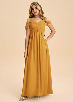 Azazie Lianne Junior Butterscotch A-Line Off the Shoulder Chiffon Dress image3