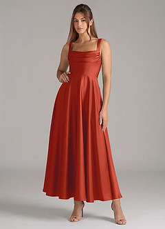 Azazie Shaude Robes de demoiselle d'honneur Robe Trapèze en Satin extensible Plissée Rouille image1