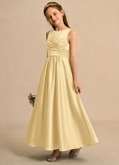 Azazie Ducky Girls Formal Flower Girl Dresses Butter A-Line Pleated Stretch Satin Dress image3