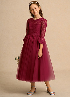 Azazie Lamb Girl Abiti da Ragazza di Fiori Abito Principessa in Pizzo Borgogna image3