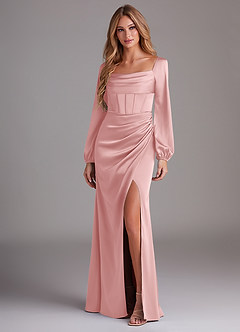Azazie Charissa Bridesmaid Dresses Powder Pink Sheath Long Sleeve Stretch Satin Dress image1