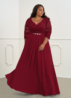 Azazie Hayek Mother of the Bride Dresses Burgundy A-Line V-Neck Lace Chiffon Dress image9