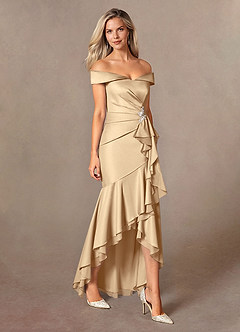 Azazie Billings Moeder van de bruid jurken Zeemeermin Jurk van Stretch Satijn Off-shoulder Champagne image5