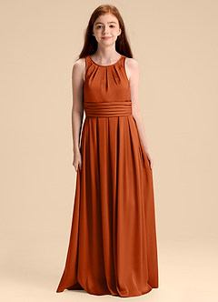 Azazie Bibiane Junior Abito A-Line in Raso Elasticizzato Plissettato Arancia Bruciata image3