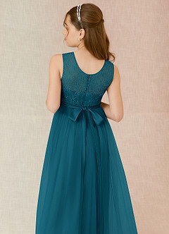 Azazie Georgette Junior Ink Blue A-Line Lace Tulle Dress image7