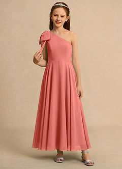 Azazie Guppy Girls Formal Blumenmädchenkleider A-Linie One-Shoulder Chiffon Kleid Lachsrosa image3