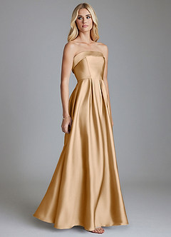 Azazie Lucienne Vestidos de damas de honor Vestido de Oro de Satén Elástico de Corte en A Convertible con Sin tirantes image4