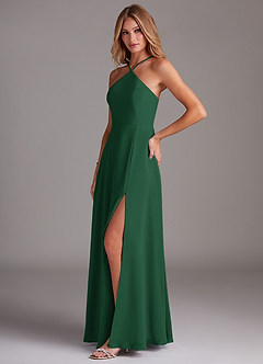 Azazie Bailey Vestidos de damas de honor Vestido de Verde Oscuro de Gasa de Corte en A con Halter Abertura lateral image3