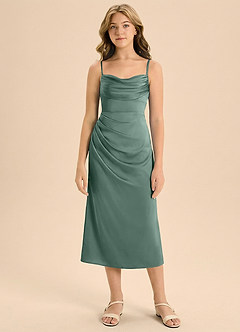 Azazie Mai Junior Eucalyptus Sheath Pleated Stretch Satin Dress image3