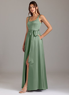 Azazie Elliott Vestidos de damas de honor Vestido de Matcha de Satén Elástico de Corte en A con Con bolsillos image4