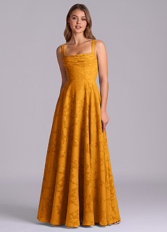 Azazie Shaude Abiti da Damigella Abito A-Line in Burnout Floreale Plissettato Caramello image6