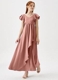 Azazie Omari Junior Rosette A-Line Pleated Stretch Satin Dress image1