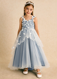 Azazie Darlina Robe Demoiselle D'honneur Fillette Robe Princesse en Tulle Dentelle Ivoire Bleu Poudré image5