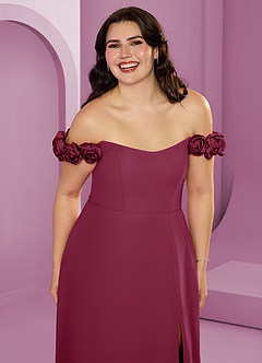 Barbie ♥ Azazie Suknie dla druhen Rozkloszowana szyfonowa sukienka z odkrytymi ramionami i kwiatowymi rozetkami image16