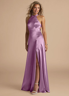 Azazie Clarice Bridesmaid Dresses Wisteria A-Line High Neck Metallic Satin Dress image1