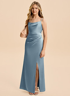 Azazie Christen Junior Dusty Blue A-Line Pleated Stretch Satin Dress image4