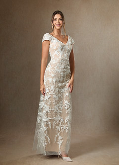 Azazie Devonna Wedding Dresses Diamond White Nude Sheath V-Neck Sequins Lace Dress image4