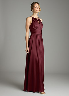 Azazie Bonnie Bridesmaid Dresses Cabernet A-Line Pleated Stretch Satin Dress image4