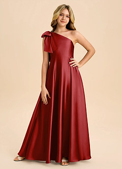 Azazie Penguin Junior Pomegranate A-Line Bow Stretch Satin Dress image3