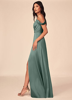 Azazie Ocean Brautjungfernkleider A-Linie V-Hals Gefaltet Stretch-Satin Kleid Seemoos image3