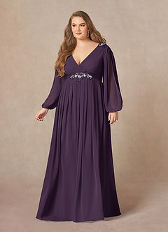 Azazie Gypsy vestidos de madre de la novia Vestido de Ciruela de Gasa de Corte En A con Lentejuelas cuello pico image7