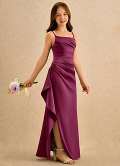 Azazie Cannoli Girls Formal Flower Girl Dresses Mulberry A-Line Pleated Matte Satin Dress image1