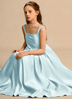Azazie Mochi Girls Formal Flower Girl Dresses Sea Glass Ball-Gown Pleated Matte Satin Dress image3