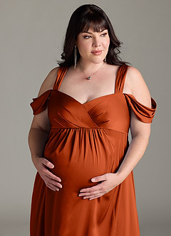 Azazie Rhea Maternity Bridesmaid Dresses A-Line Off-The-Shouler Pleated Stretch Satin Floor-Length Dress image12
