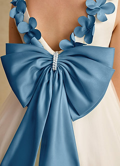 Azazie Lona Abiti da Ragazza di Fiori Abito A-Line in Raso Opaco Fiocco Avorio Blu Acciaio image5